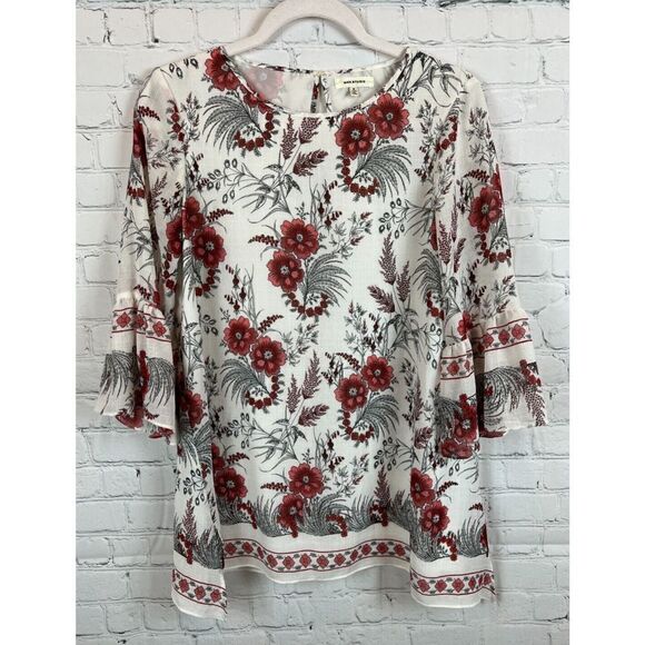 MAX STUDIO white red floral circular flounce sleeve blouse top size S - Picture 1 of 10
